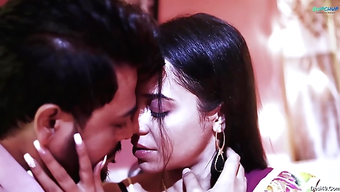 Sexy brunette 18+ with small round boobies is making out