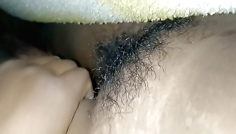 Indian hairy wife with big belly fumigation in bed